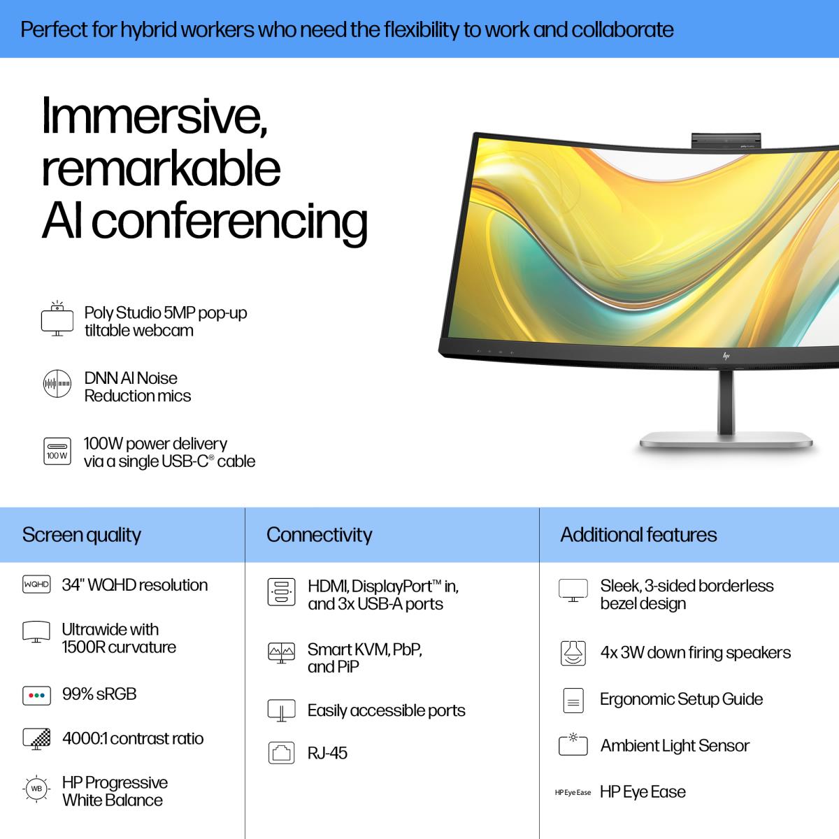HP Conferencing USB-C Monitor - Series 5 Pro 34pm - 34in - 3440x1440 (WQHD) thumbnail 13